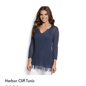 Tommy Bahama Women L Harbor Cliff Tunic Sweater 3/4 Sleeve Wool Blend Fringe Hem